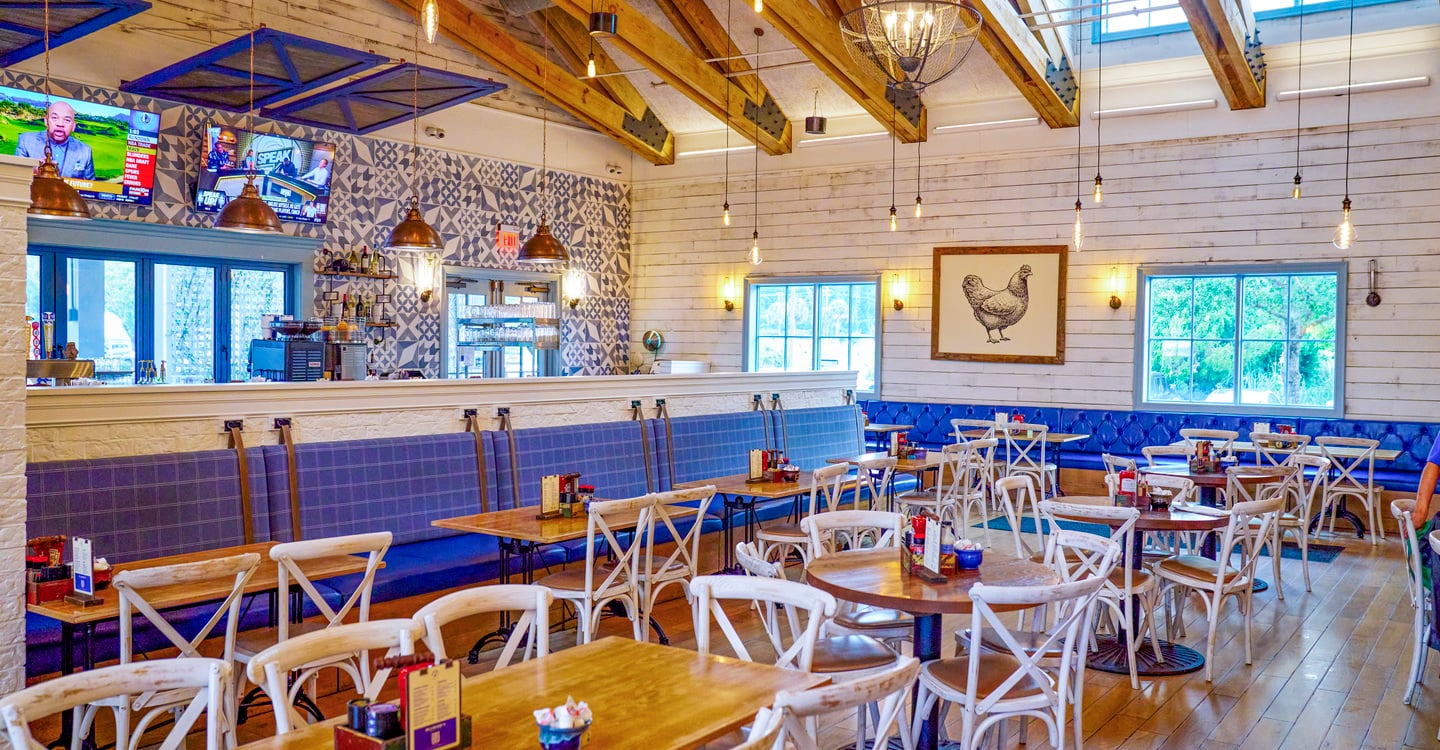 The bright dining room at the original Blueberry's Grill in Grande Dunes, Myrtle Beach
