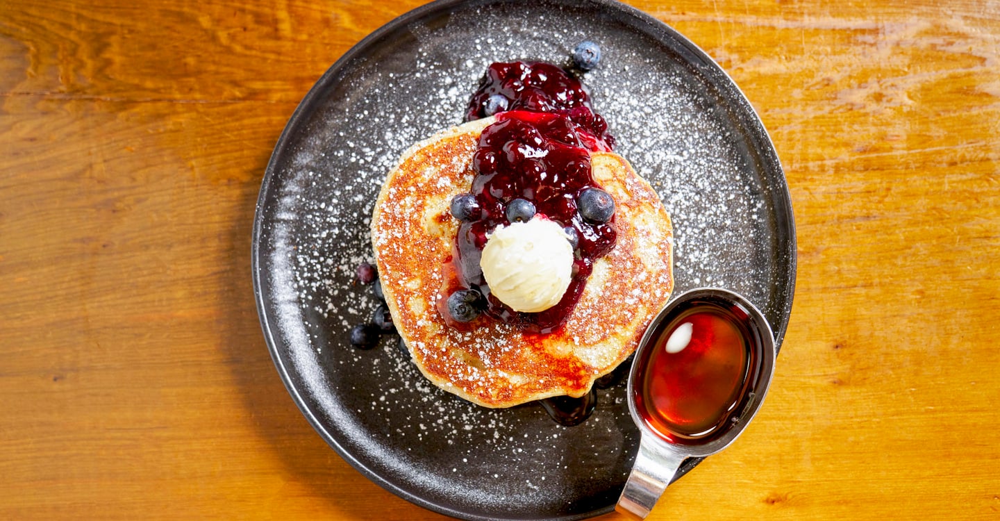 Buttermilk blueberry pancakes cooked to order at Blueberry's Grill