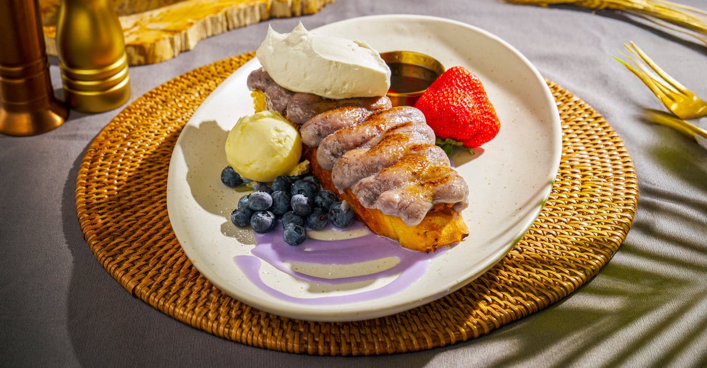 Blueberry Crème Brûlée French Toast on grilled challah at Blueberry's Grill