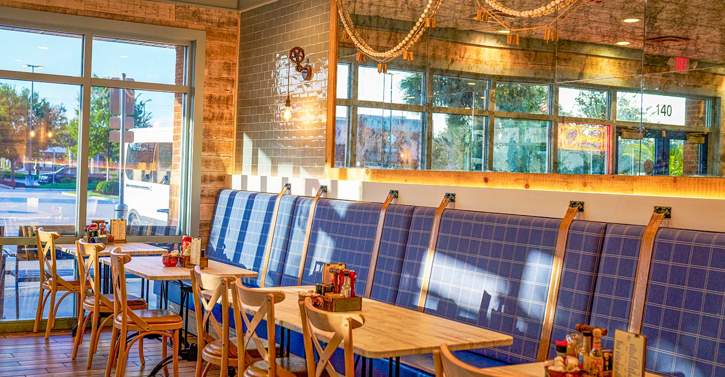 The bright dining room at the original Blueberry's Grill in Grande Dunes, Myrtle Beach